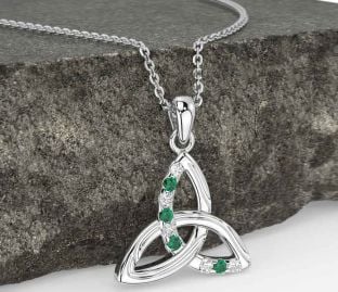 Diamond Emerald Silver Celtic Trinity Knot Necklace
