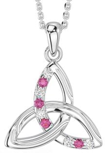 Diamond Pink Tourmaline Silver Celtic Trinity Knot Necklace