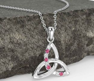 Diamond Pink Tourmaline White Gold Celtic Trinity Knot Necklace