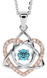 Diamond Aquamarine Rose Gold Silver Celtic Knot Heart Necklace