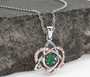 Diamond Emerald Rose Gold Silver Celtic Knot Heart Necklace