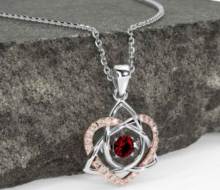 Diamond Garnet Rose Gold Silver Celtic Knot Heart Necklace
