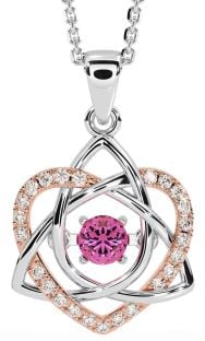 Diamond Pink Tourmaline Rose Gold Silver Celtic Knot Heart Necklace