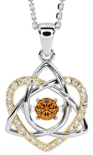 Diamond Citrine Gold Silver Celtic Knot Heart Necklace