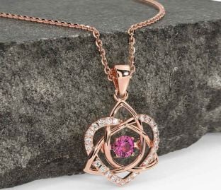 Diamond Pink Tourmaline Rose Gold Silver Celtic Knot Heart Necklace