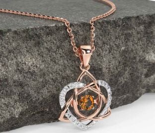 Diamond Citrine Rose Gold Silver Celtic Knot Heart Necklace