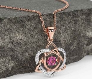 Diamond Pink Tourmaline Rose Gold Silver Celtic Knot Heart Necklace