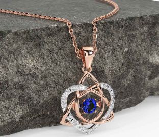 Diamond Sapphire Rose Gold Silver Celtic Knot Heart Necklace