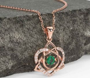 Diamond Emerald Rose Gold Celtic Knot Heart Necklace