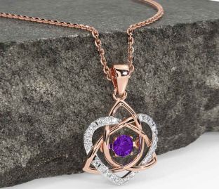 Diamond Amethyst White Rose Gold Celtic Knot Heart Necklace