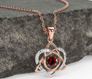 Diamond Garnet White Rose Gold Celtic Knot Heart Necklace