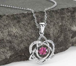Diamond Pink Tourmaline Silver Celtic Knot Heart Necklace