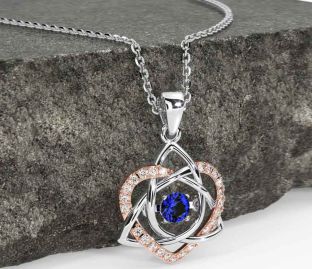 Diamond Sapphire Rose Gold Silver Celtic Knot Heart Necklace
