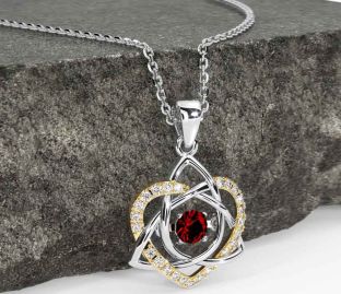 Diamond Garnet Gold Silver Celtic Knot Heart Necklace
