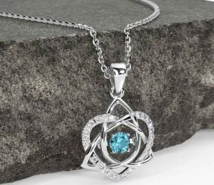 Diamond Aquamarine White Gold Celtic Knot Heart Necklace