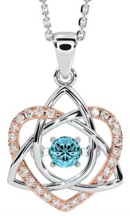 Diamond Aquamarine White Rose Gold Celtic Knot Heart Necklace