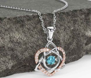 Diamond Aquamarine White Rose Gold Celtic Knot Heart Necklace