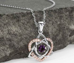 Diamond Alexandrite White Rose Gold Celtic Knot Heart Necklace