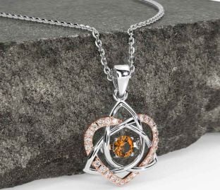 Diamond Citrine White Rose Gold Celtic Knot Heart Necklace