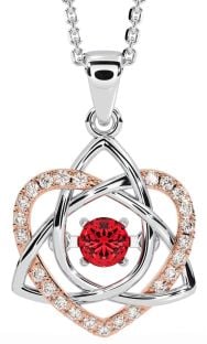 Diamond Ruby White Rose Gold Celtic Knot Heart Necklace