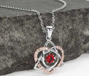 Diamond Ruby White Rose Gold Celtic Knot Heart Necklace
