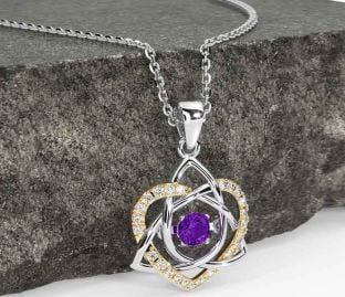 Diamond Amethyst White Yellow Gold Celtic Knot Heart Necklace