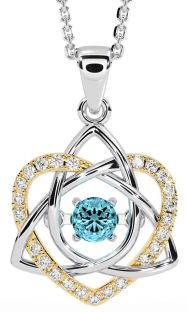 Diamond Aquamarine White Yellow Gold Celtic Knot Heart Necklace