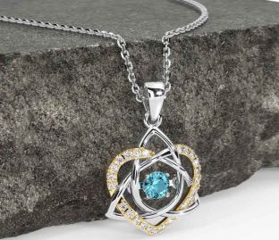 Diamond Aquamarine White Yellow Gold Celtic Knot Heart Necklace