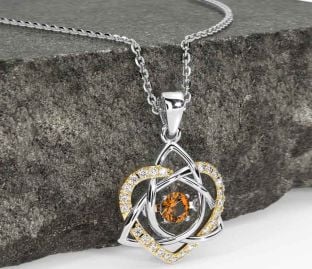 Diamond Citrine White Yellow Gold Celtic Knot Heart Necklace