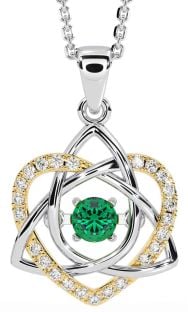 Diamond Emerald White Yellow Gold Celtic Knot Heart Necklace