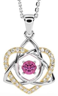 Diamond Pink Tourmaline White Yellow Gold Celtic Knot Heart Necklace