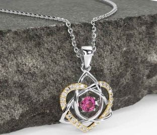 Diamond Pink Tourmaline White Yellow Gold Celtic Knot Heart Necklace