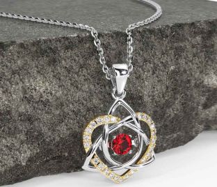 Diamond Ruby White Yellow Gold Celtic Knot Heart Necklace