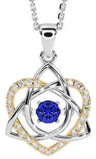 Diamond Sapphire White Yellow Gold Celtic Knot Heart Necklace