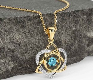 Diamond Aquamarine White Yellow Gold Celtic Knot Heart Necklace