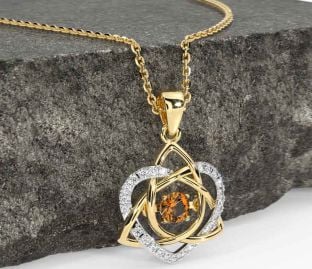 Diamond Citrine White Yellow Gold Celtic Knot Heart Necklace