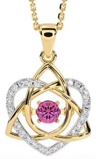 Diamond Pink Tourmaline White Yellow Gold Celtic Knot Heart Necklace