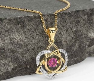 Diamond Pink Tourmaline White Yellow Gold Celtic Knot Heart Necklace