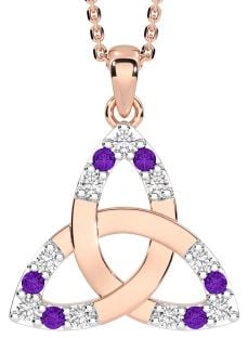 Diamond Amethyst Rose Gold Silver Celtic Trinity Knot Necklace