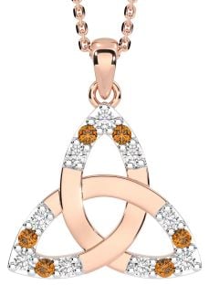 Diamond Citrine Rose Gold Silver Celtic Trinity Knot Necklace