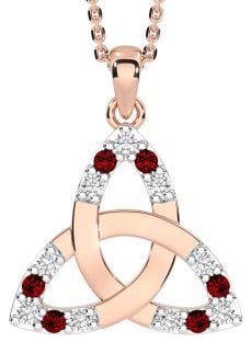 Diamond Garnet Rose Gold Silver Celtic Trinity Knot Necklace
