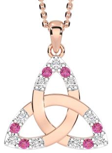Diamond Pink Tourmaline Rose Gold Silver Celtic Trinity Knot Necklace