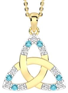Diamond Aquamarine Gold Silver Celtic Trinity Knot Necklace