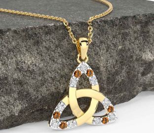 Diamond Citrine Gold Silver Celtic Trinity Knot Necklace