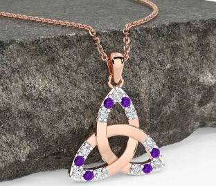 Diamond Amethyst Rose Gold Celtic Trinity Knot Necklace