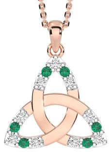 Diamond Emerald Rose Gold Celtic Trinity Knot Necklace