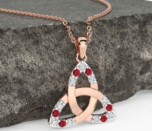 Diamond Ruby Rose Gold Celtic Trinity Knot Necklace