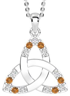 Diamond Citrine Silver Celtic Trinity Knot Necklace