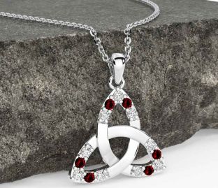 Diamond Garnet Silver Celtic Trinity Knot Necklace