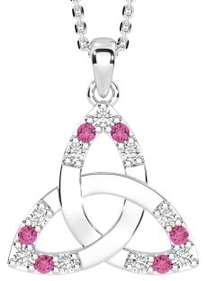 Diamond Pink Tourmaline Silver Celtic Trinity Knot Necklace